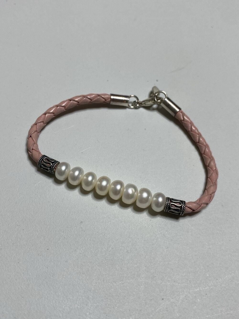 Vintage Honora Button Pearl Beaded 925 Sterling Braided Camel Leather Bracelet
